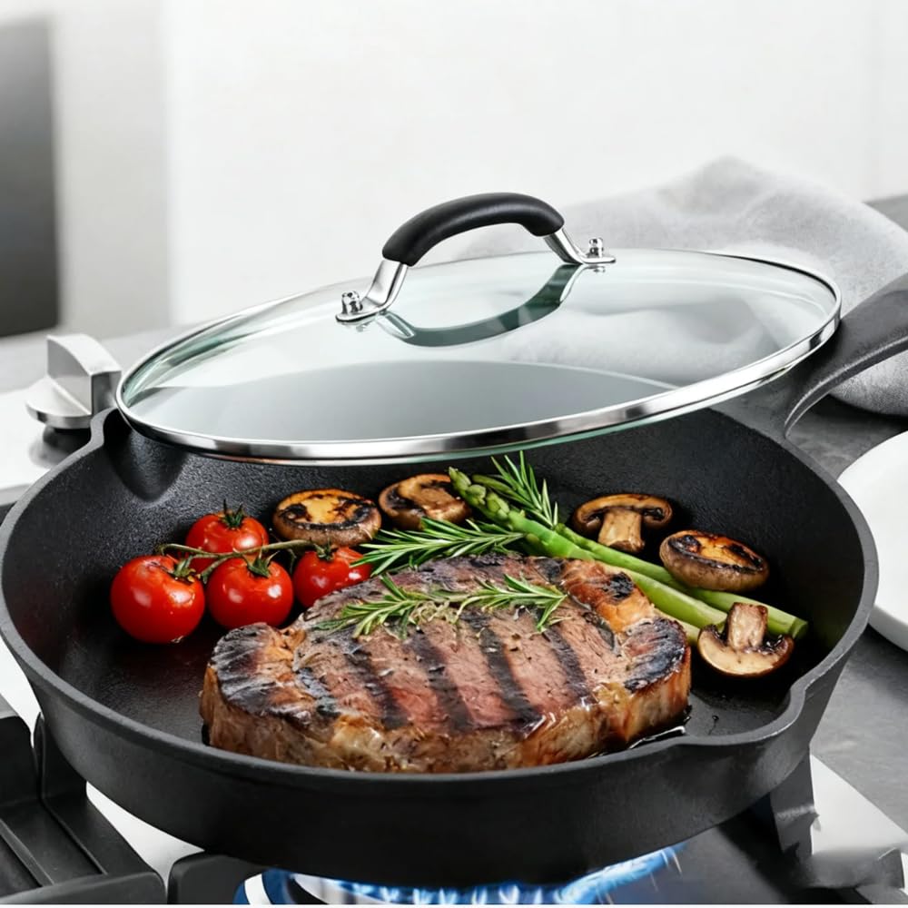 10.25 Inch Tempered Glass Lid with Stainless Steel Handle and Rim K45282