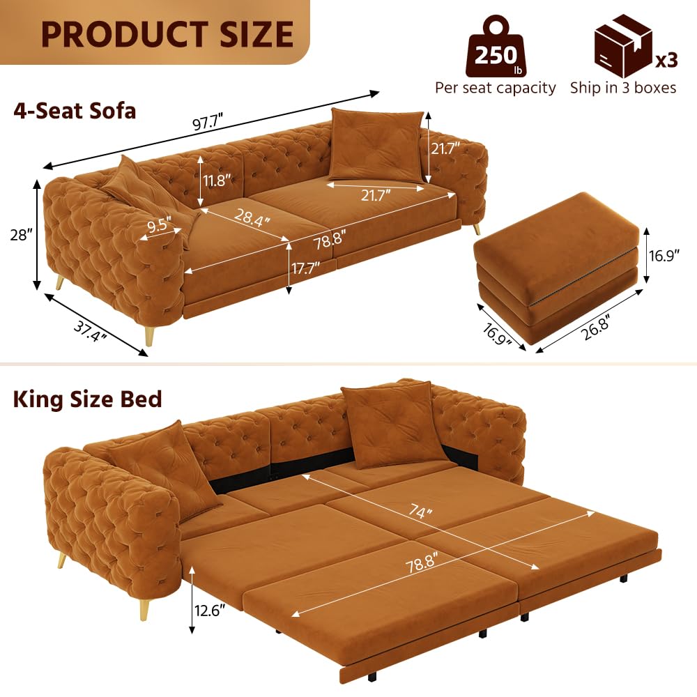 Orange Velvet Convertible Sleeper Sofa with Ottoman Y35423