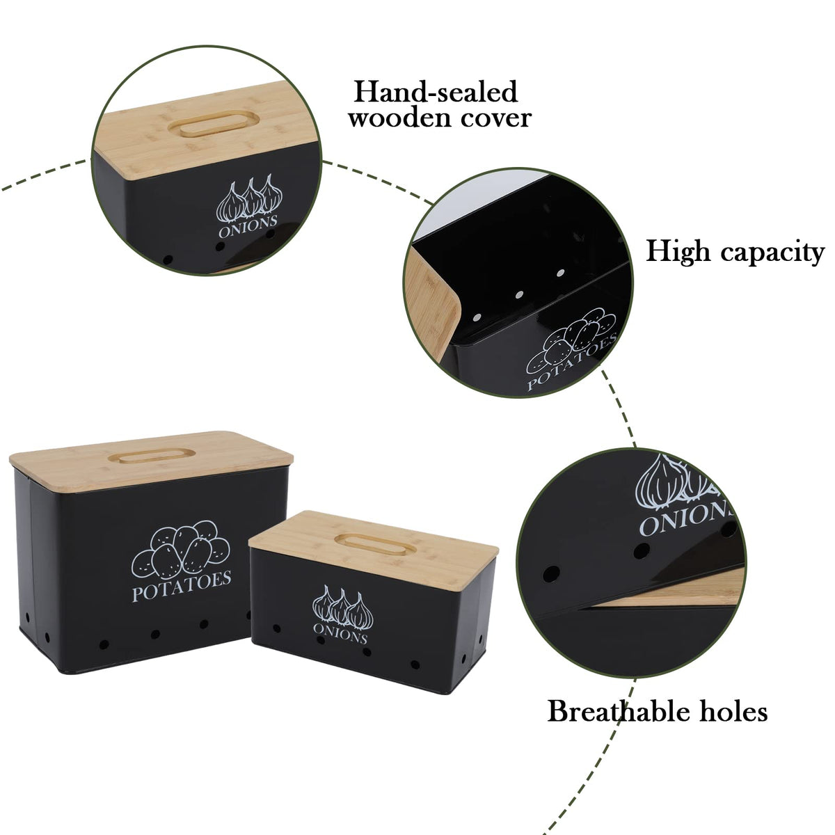 Vented Metal Vegetable Storage Bin Set of 2 with Wooden Lids N50189