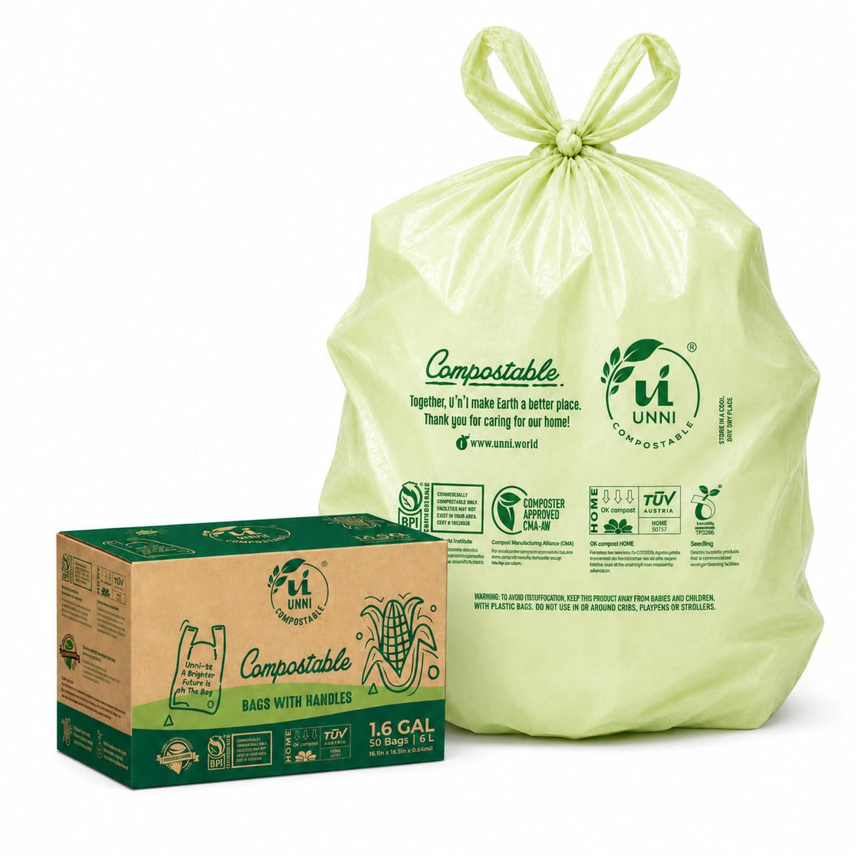 1.6 Gallon Compostable Bags with Easy-Tie Handles, 50 Count W995