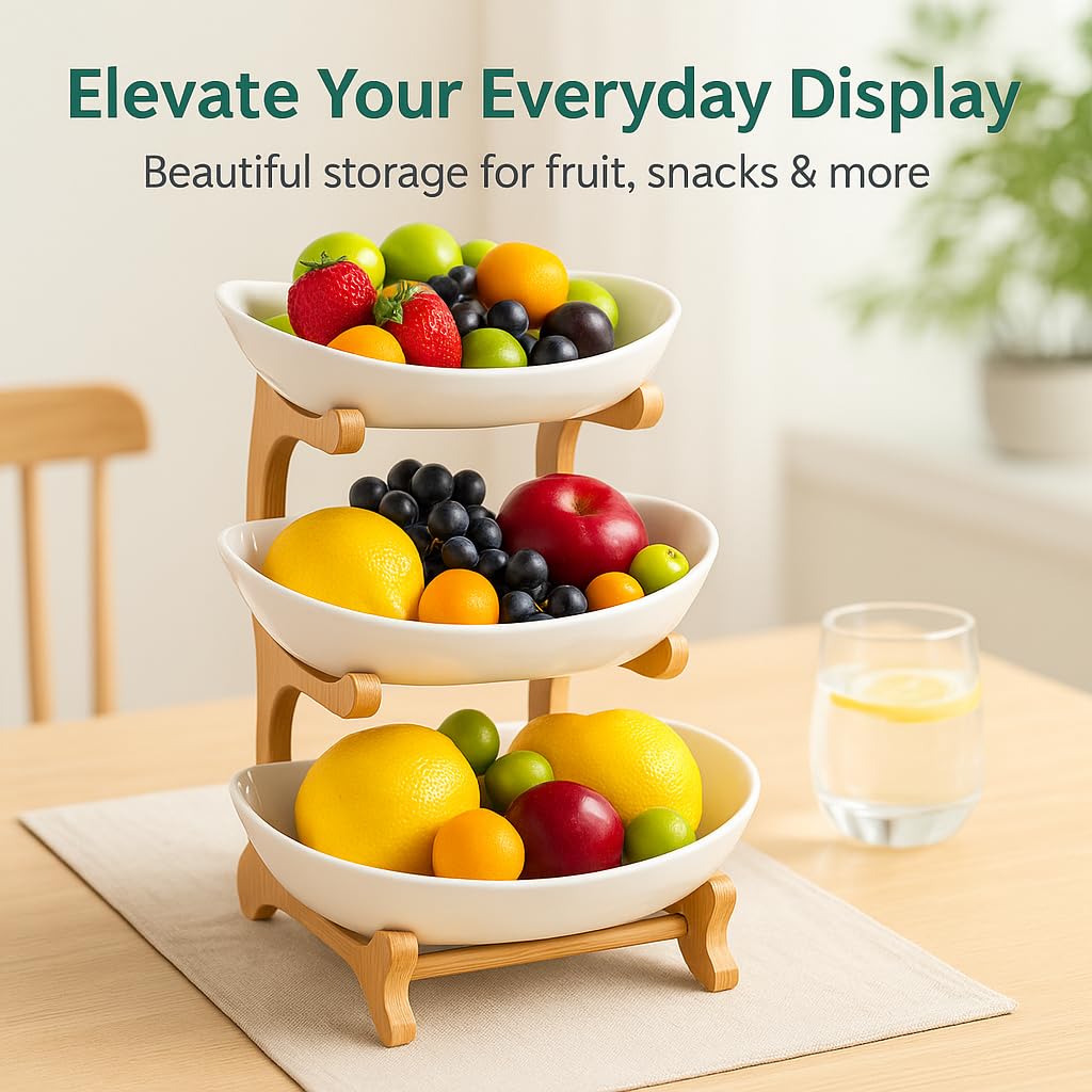3 Tier Ceramic Fruit Bowls with Wooden Stand B1309