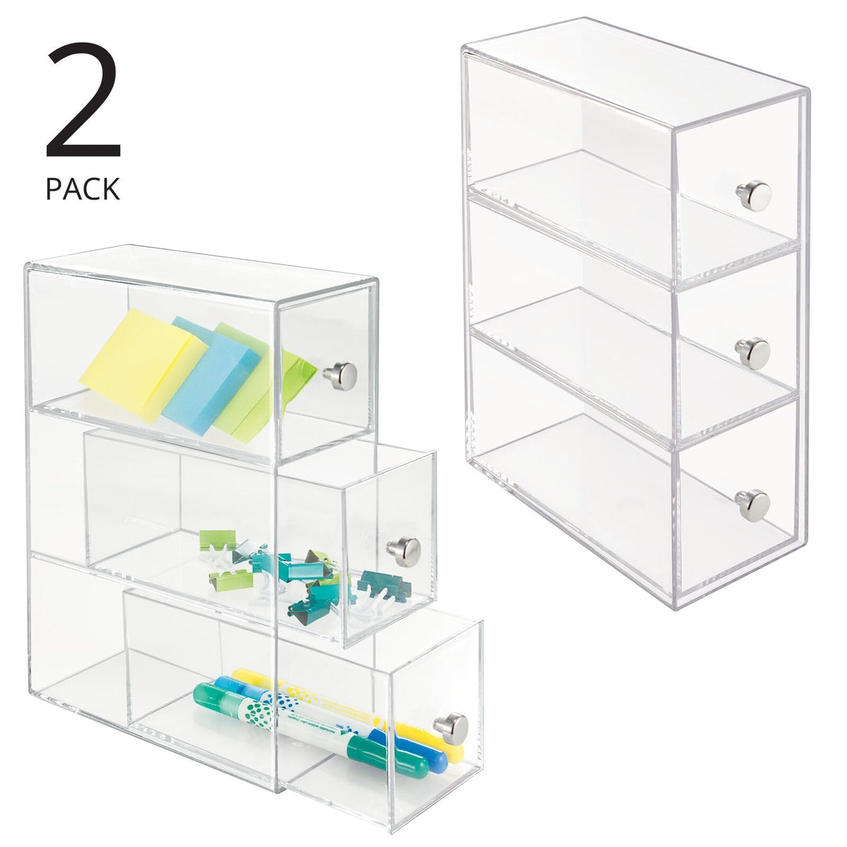 Clear 3 Drawer Plastic Stackable Desktop Organizer, 2 Pack T6517