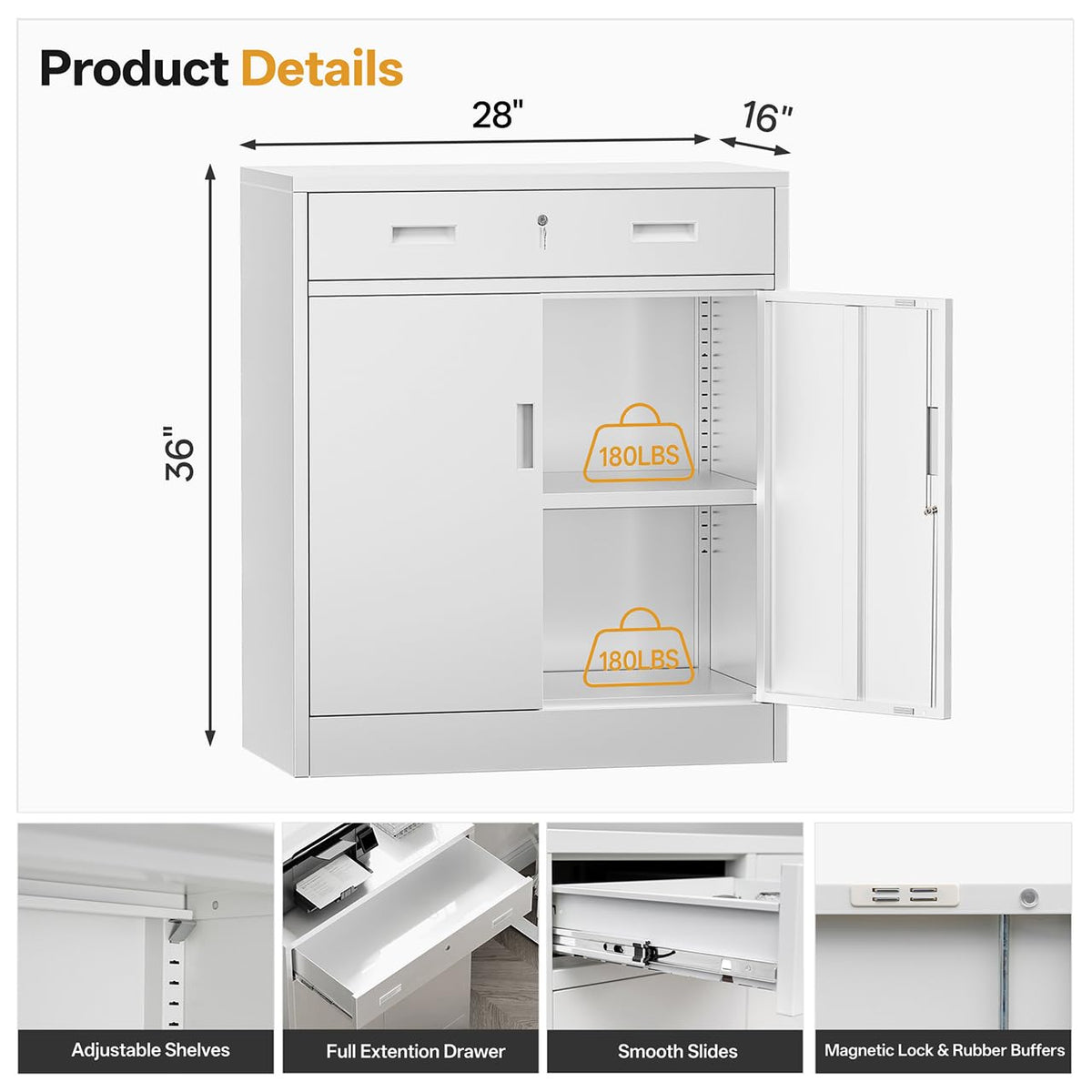 White Steel Lockable Storage Cabinet with Drawer and Adjustable Shelves T858379