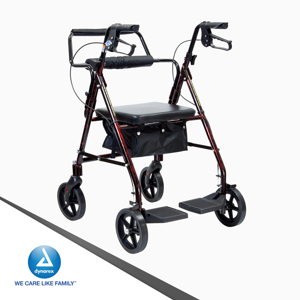 4 Wheel Rollator and Transport Wheelchair with Fold-Down Footrests, Red Frame N9464