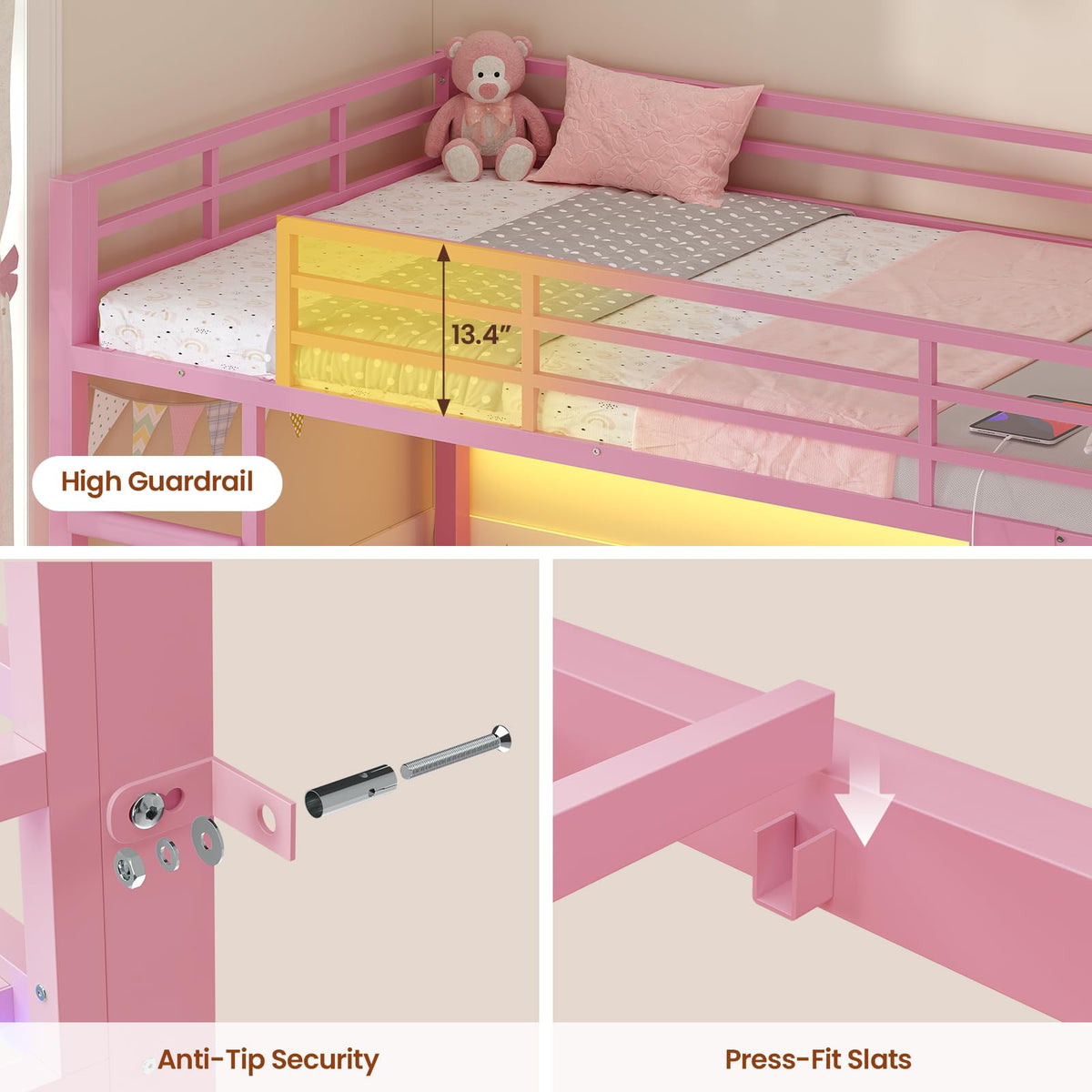 Pink Twin Over Twin Bunk Bed with Bookshelf & Storage Drawer G6053