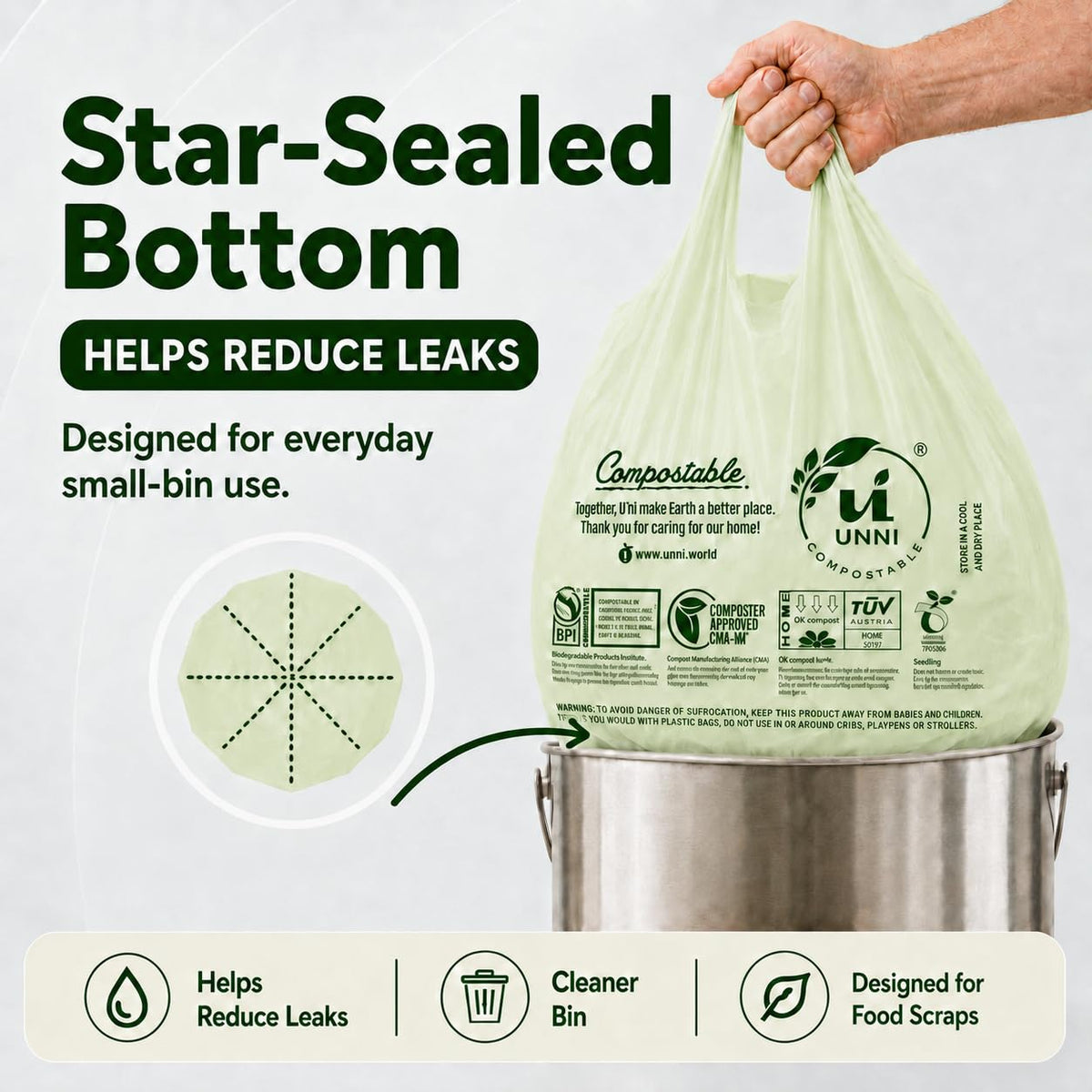 1.6 Gallon Compostable Bags with Easy-Tie Handles, 50 Count W995