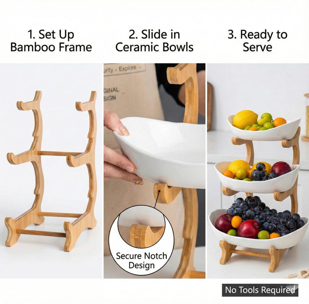 3 Tier Ceramic Fruit Bowls with Wooden Stand B1309