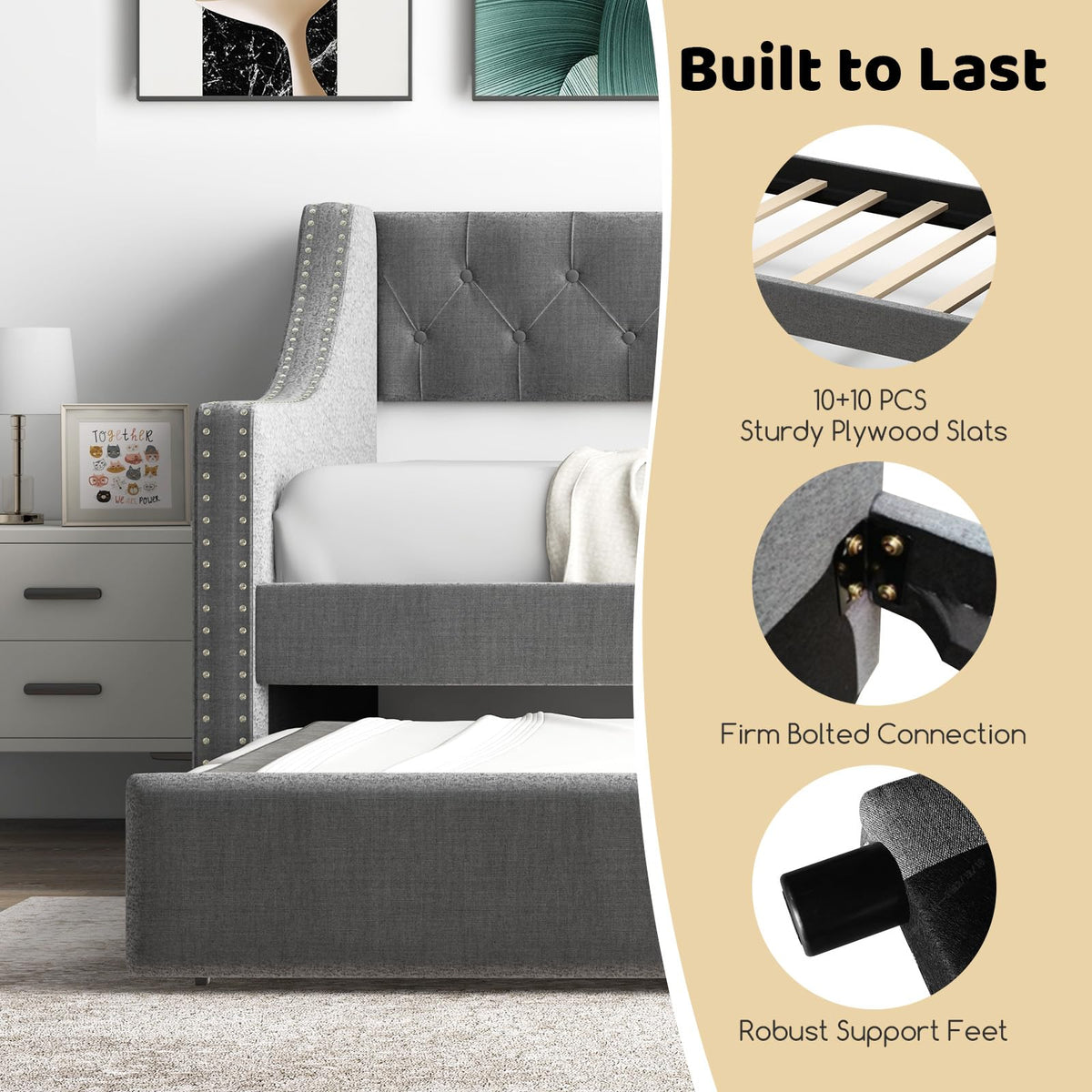 Grey Upholstered Twin Daybed with Trundle H2821