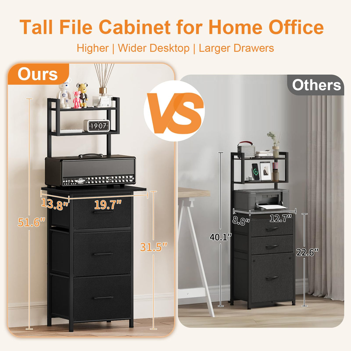 3 Drawer Tall File Cabinet with Extended Desktop, Black G8854