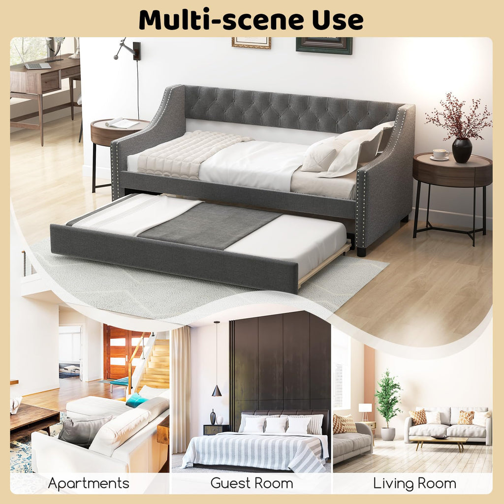 Grey Upholstered Twin Daybed with Trundle H2821