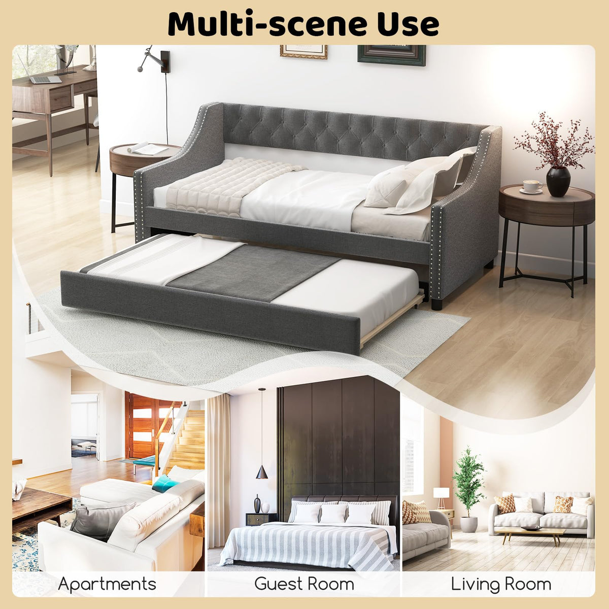 Grey Upholstered Twin Daybed with Trundle H2821