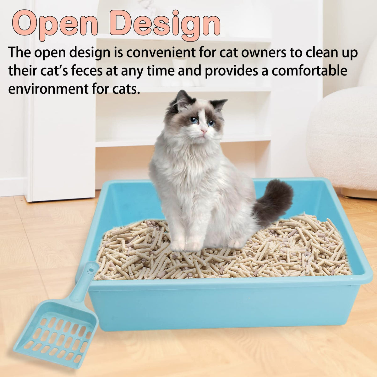 Medium Open Cat Litter Box with Scoop, Non-Stick Plastic, 15 x 11 x 4 Inches C93075
