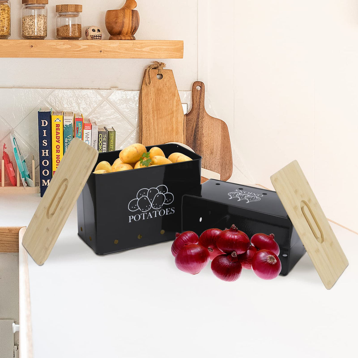 Vented Metal Vegetable Storage Bin Set of 2 with Wooden Lids N50189
