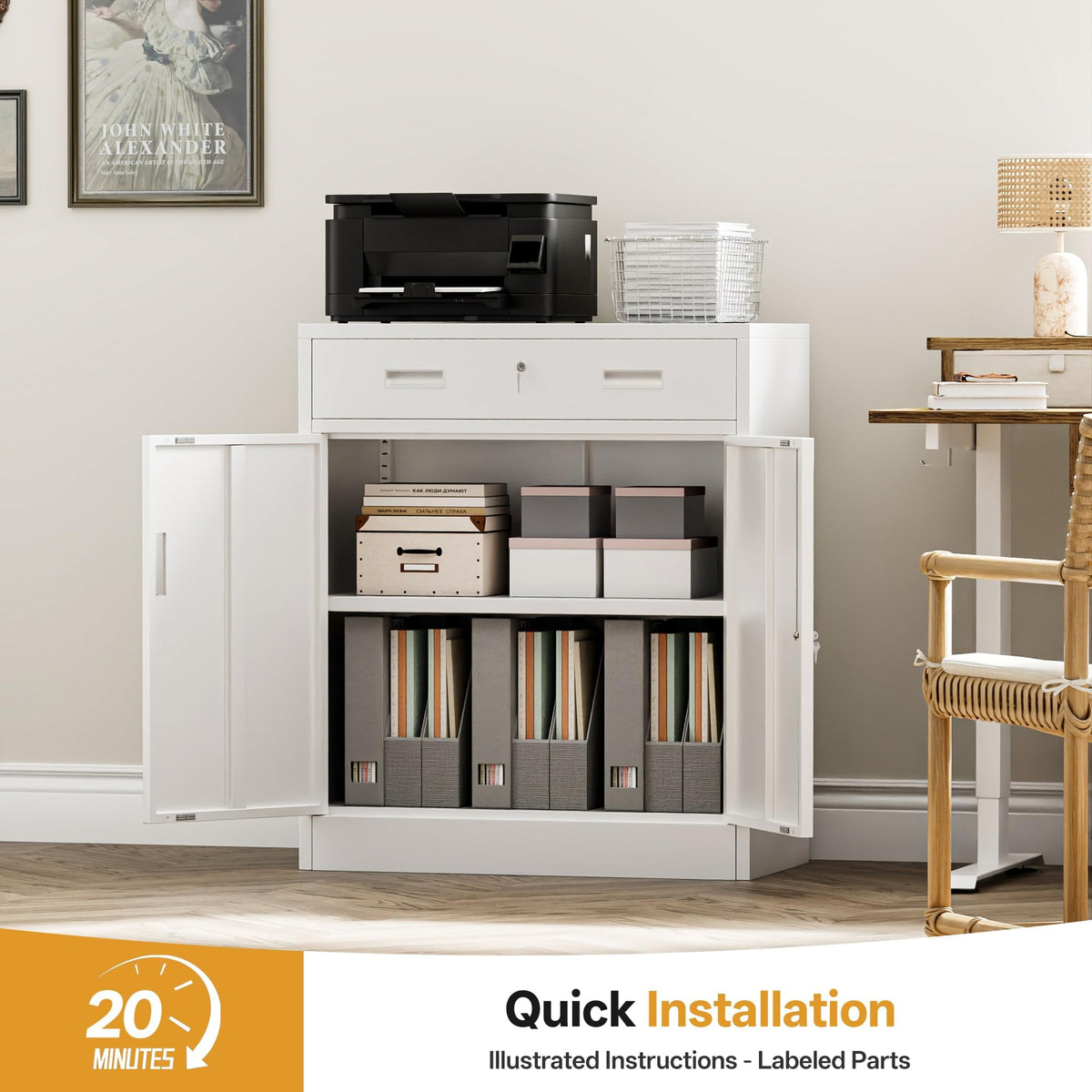 White Steel Lockable Storage Cabinet with Drawer and Adjustable Shelves T858379