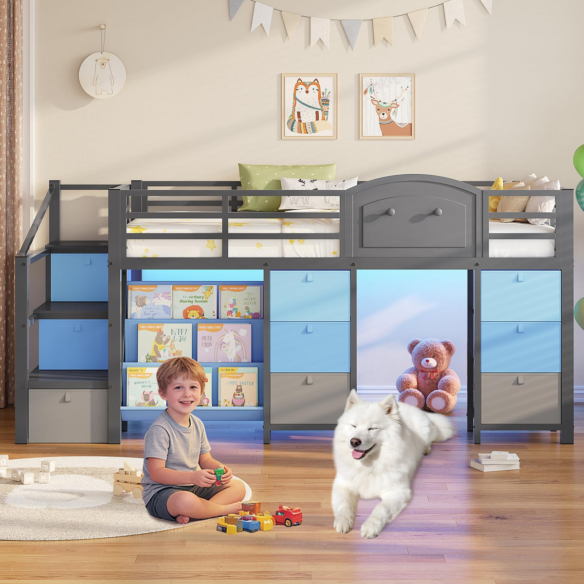 Twin Size Low Loft Bed with 9 Storage Drawers and Staircase A77852
