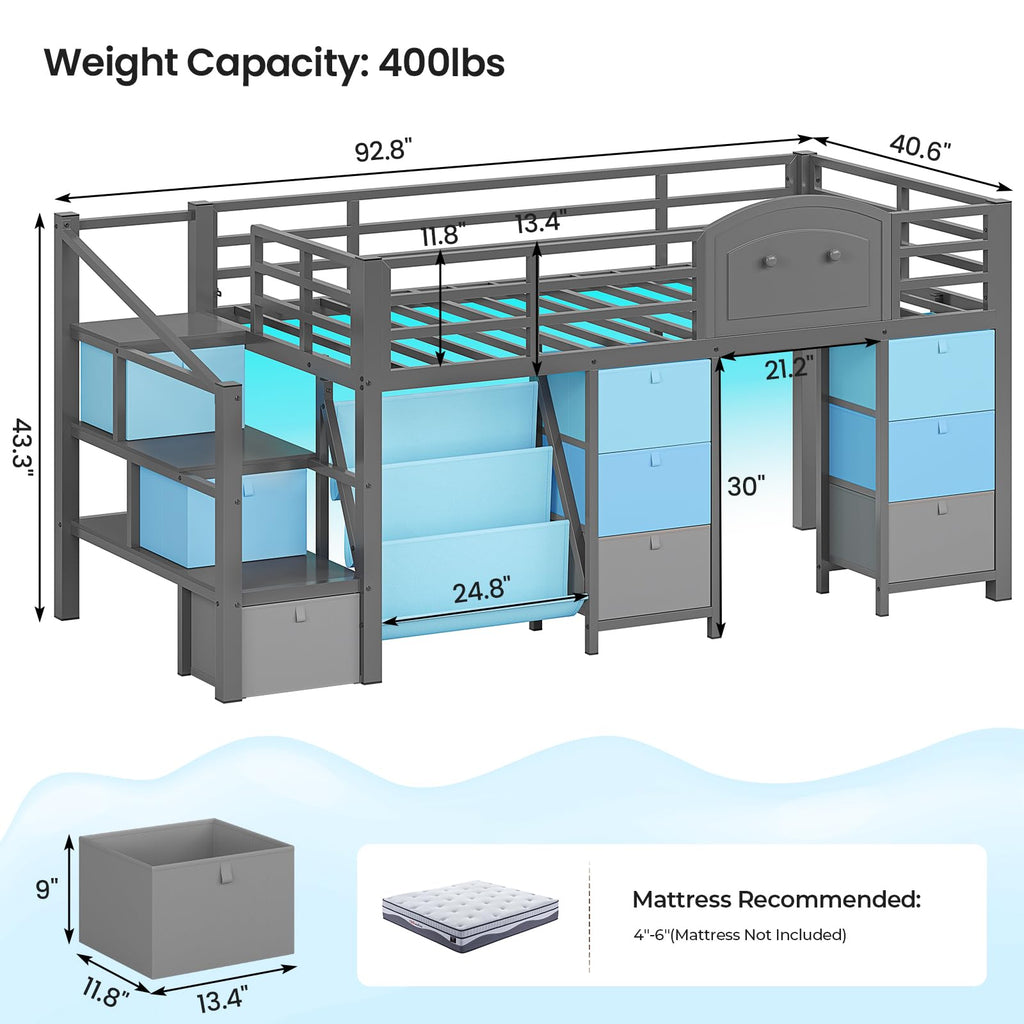 Twin Size Low Loft Bed with 9 Storage Drawers and Staircase A77852