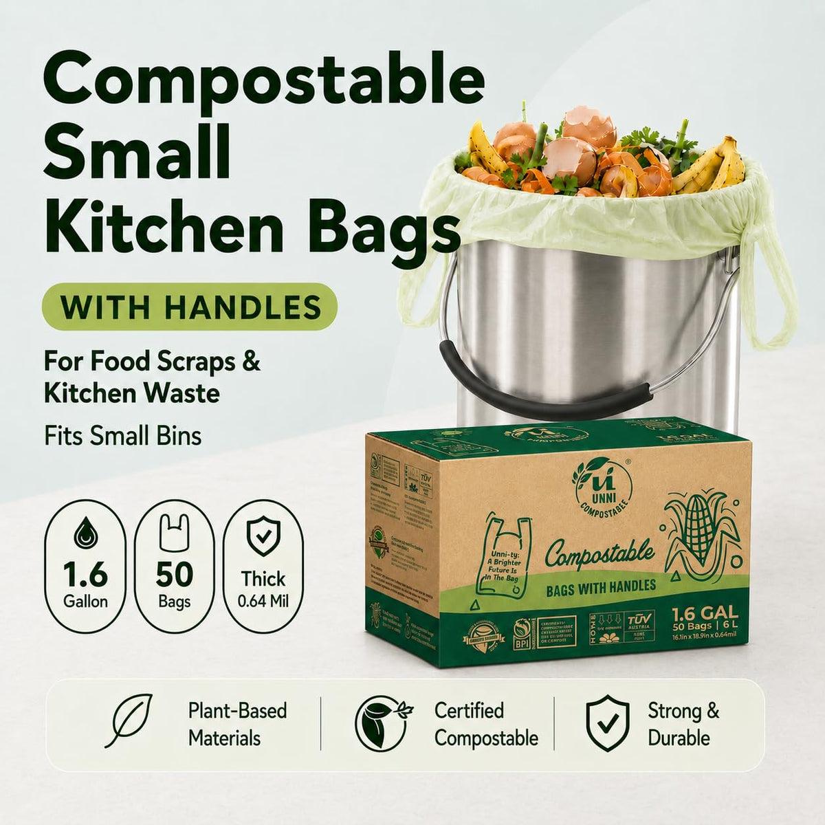 1.6 Gallon Compostable Bags with Easy-Tie Handles, 50 Count W995