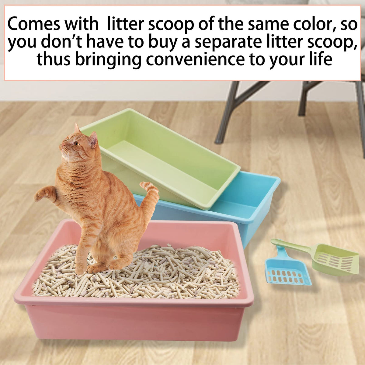 Medium Open Cat Litter Box with Scoop, Non-Stick Plastic, 15 x 11 x 4 Inches C93075