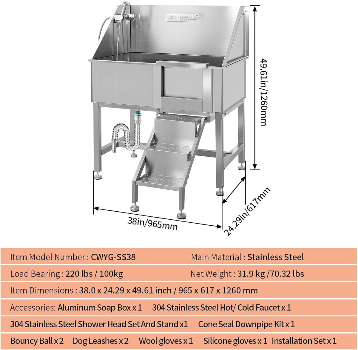 38" Stainless Steel Dog Grooming Tub with Ramp V935207