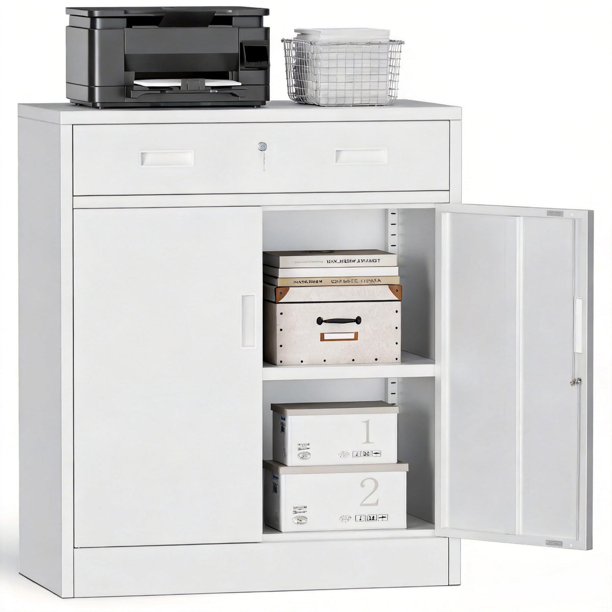 White Steel Lockable Storage Cabinet with Drawer and Adjustable Shelves T858379