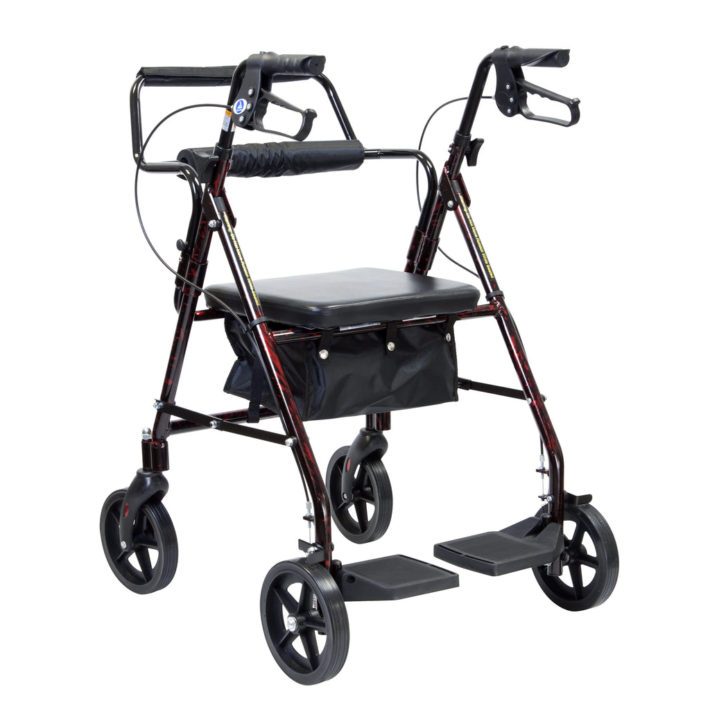 4 Wheel Rollator and Transport Wheelchair with Fold-Down Footrests, Red Frame N9464