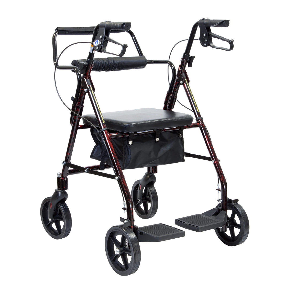 4 Wheel Rollator and Transport Wheelchair with Fold-Down Footrests, Red Frame N9464
