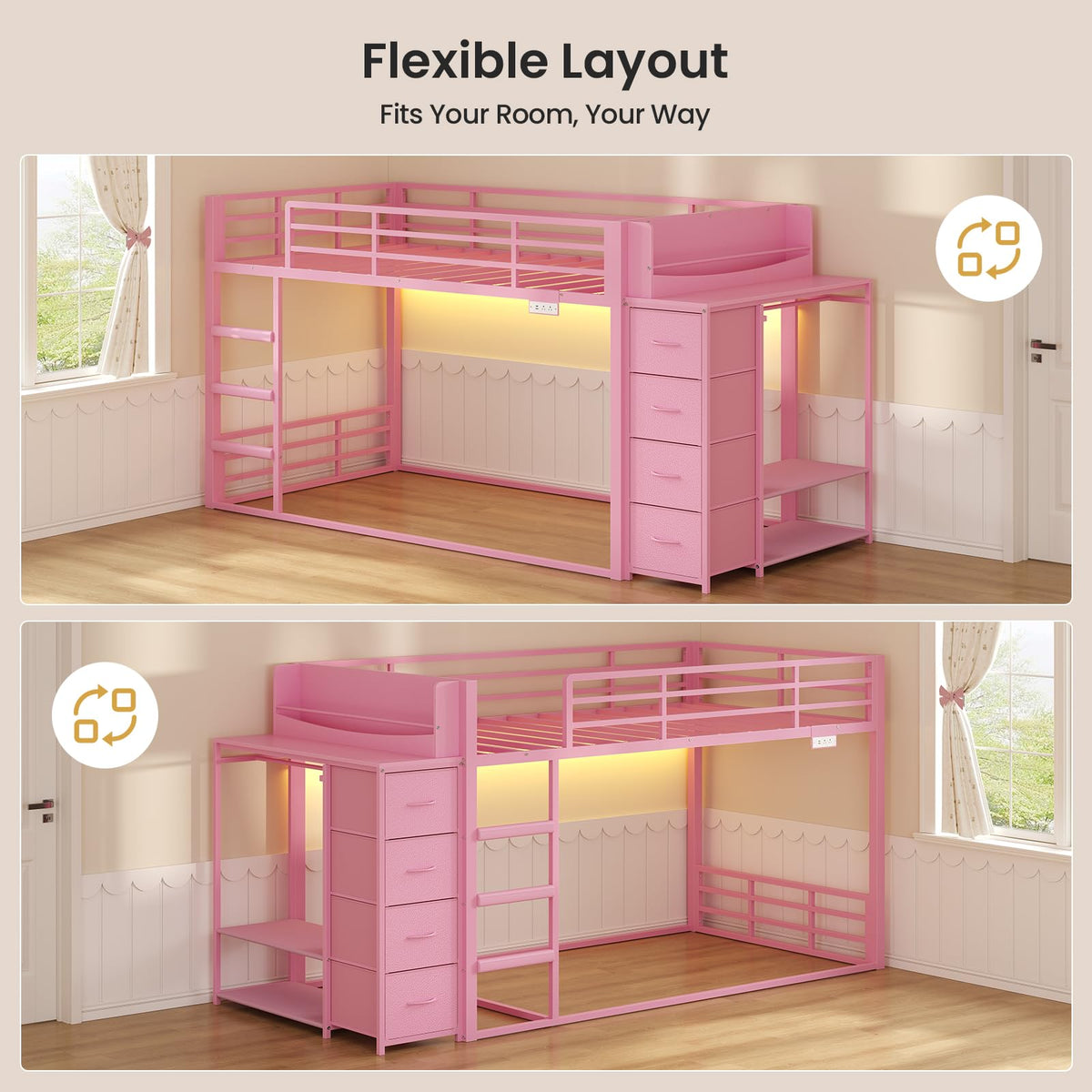 Pink Twin Over Twin Bunk Bed with Bookshelf & Storage Drawer G6053