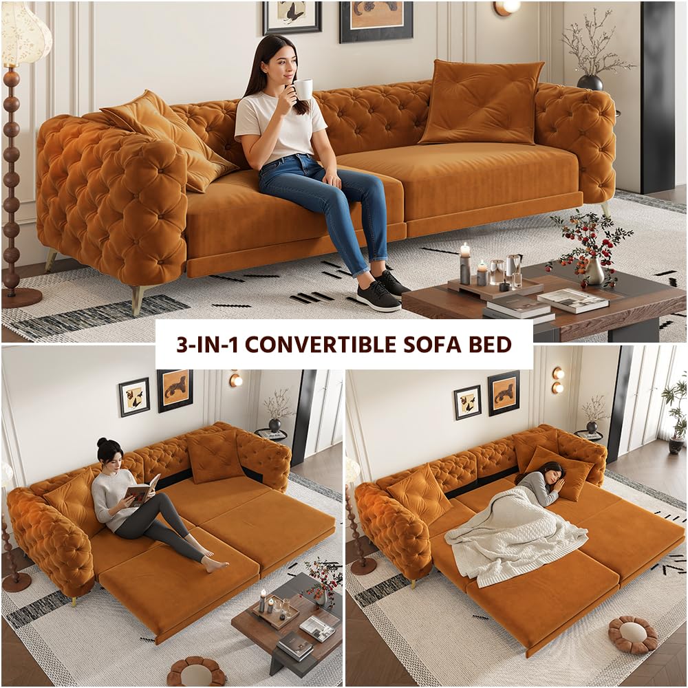 Orange Velvet Convertible Sleeper Sofa with Ottoman Y35423