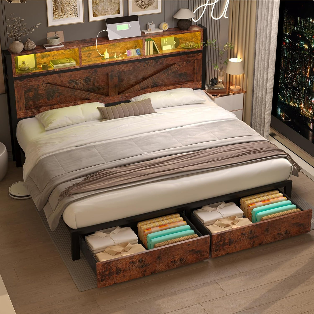 King Bed Frame with Storage Bookcase Headboard & Drawers, Brown K276943