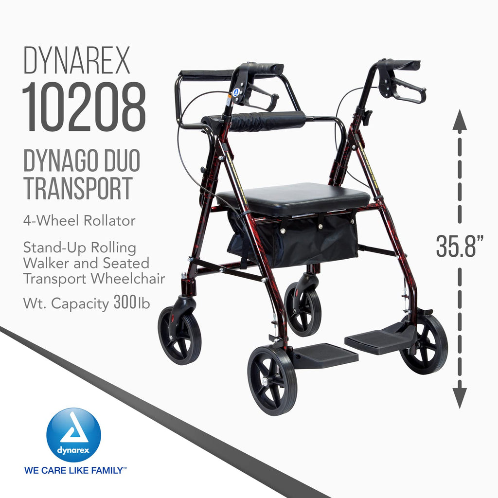 4 Wheel Rollator and Transport Wheelchair with Fold-Down Footrests, Red Frame N9464