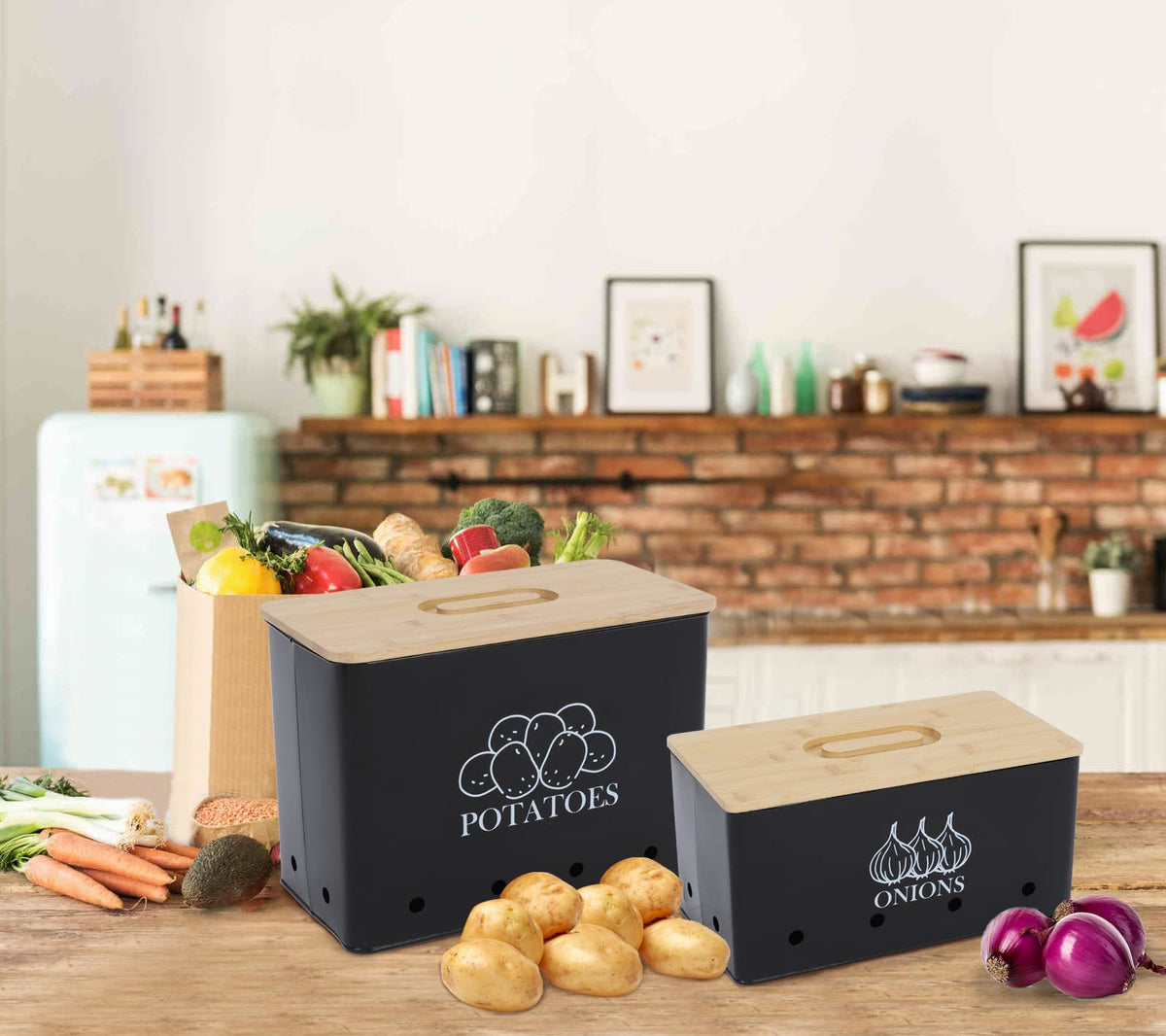 Vented Metal Vegetable Storage Bin Set of 2 with Wooden Lids N50189