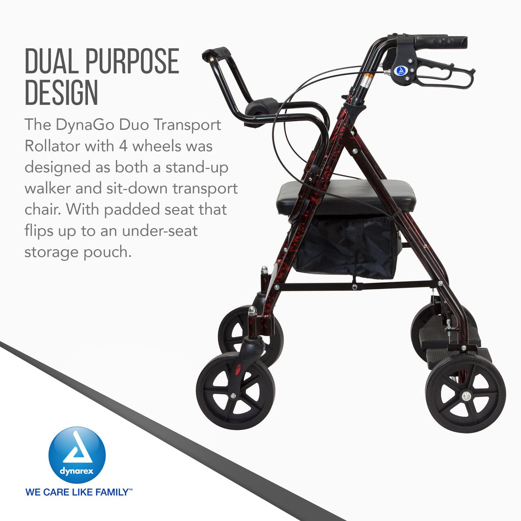 4 Wheel Rollator and Transport Wheelchair with Fold-Down Footrests, Red Frame N9464
