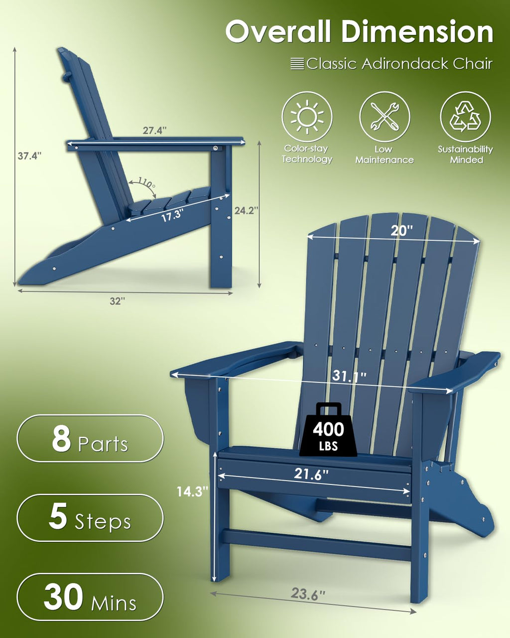 Oversized Adirondack Chairs Set of 2 HDPE All Weather Blue I67659
