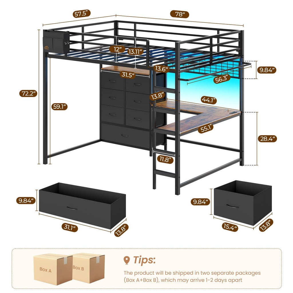 Full Size Loft Bed with L-Shaped Desk, 7 Storage Drawers, LED Lights and Charging Station, Black H585
