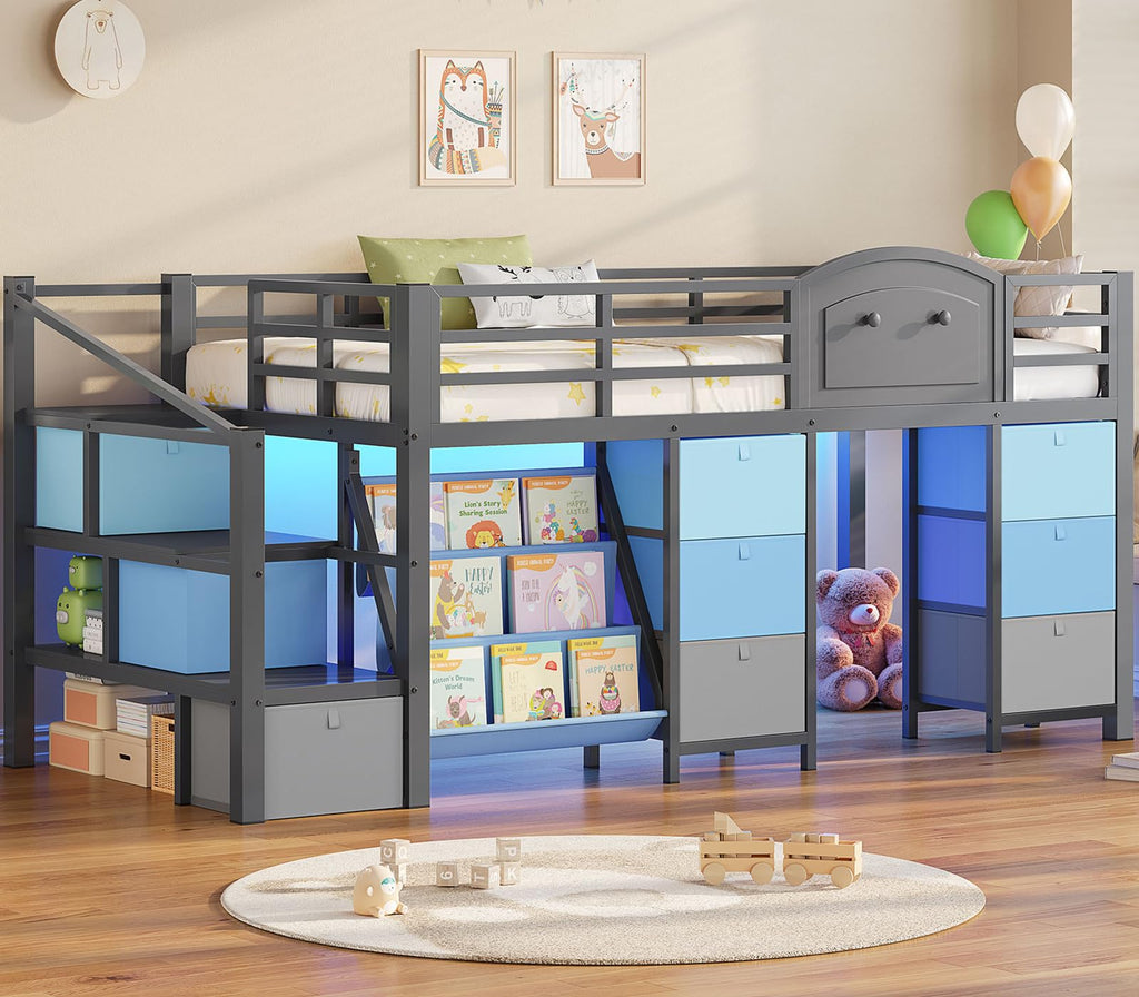 Twin Size Low Loft Bed with 9 Storage Drawers and Staircase A77852