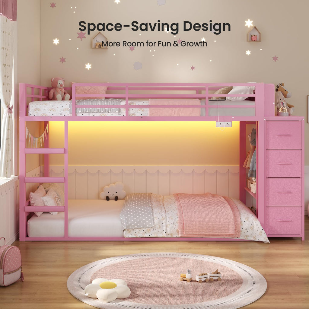 Pink Twin Over Twin Bunk Bed with Bookshelf & Storage Drawer G6053