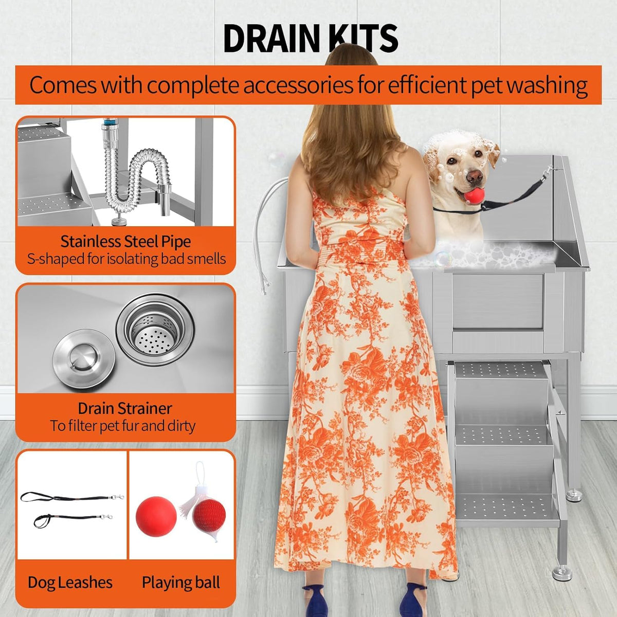 38" Stainless Steel Dog Grooming Tub with Ramp V935207