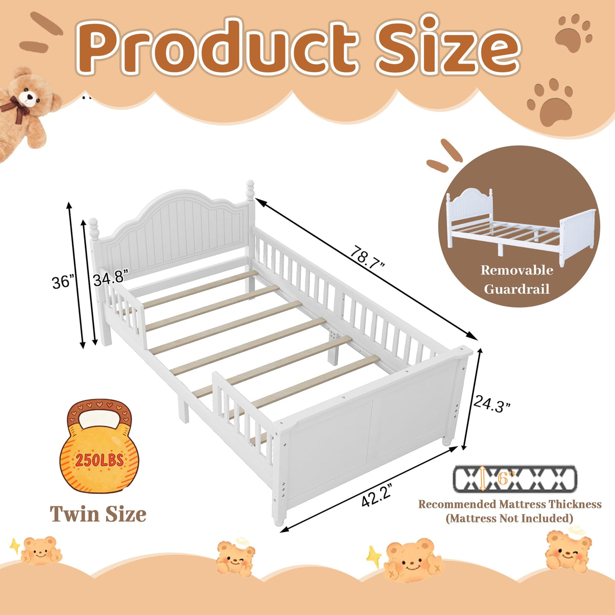 White Twin Bed Frame with Headboard and Rails Q95389