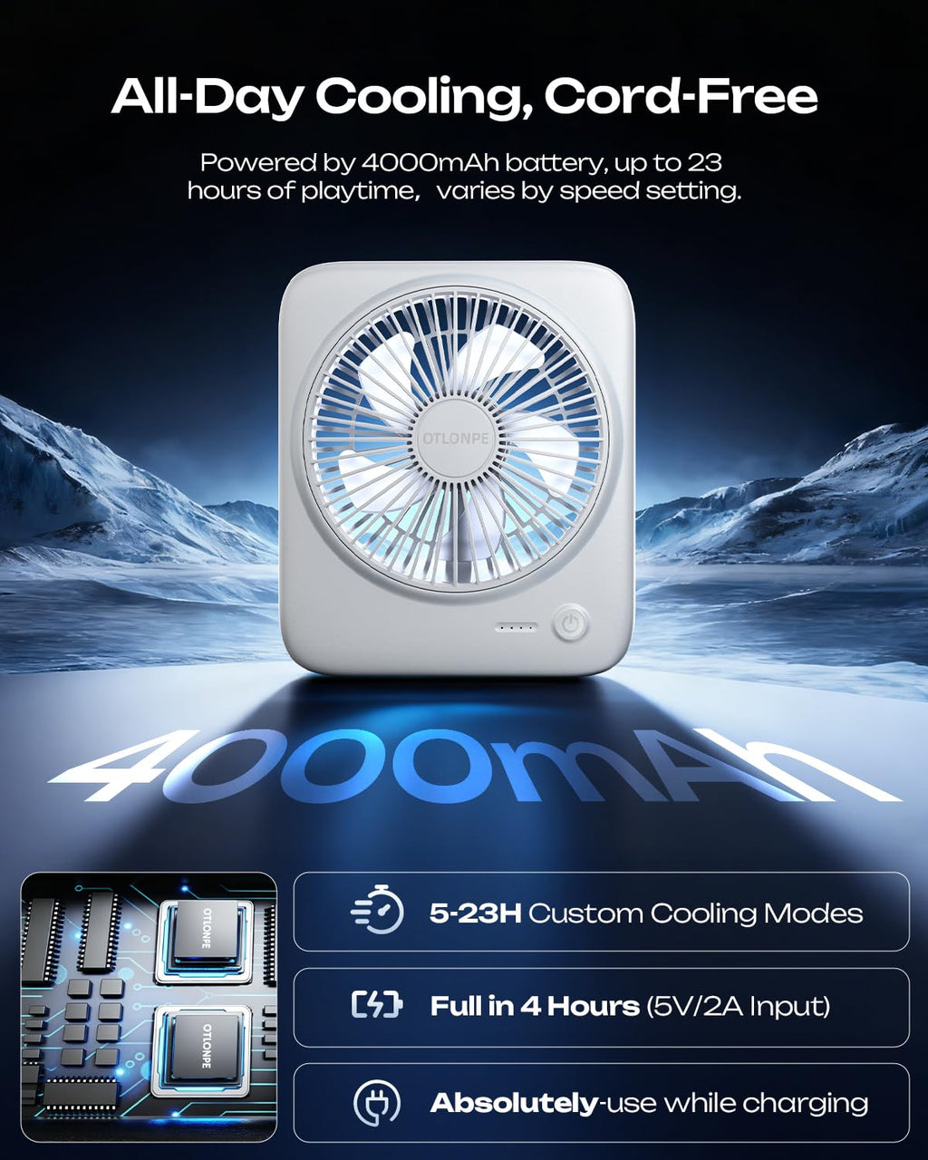 Portable Rechargeable Desk Fan 4000mAh 4-Speed 6.5 Inch White F61267