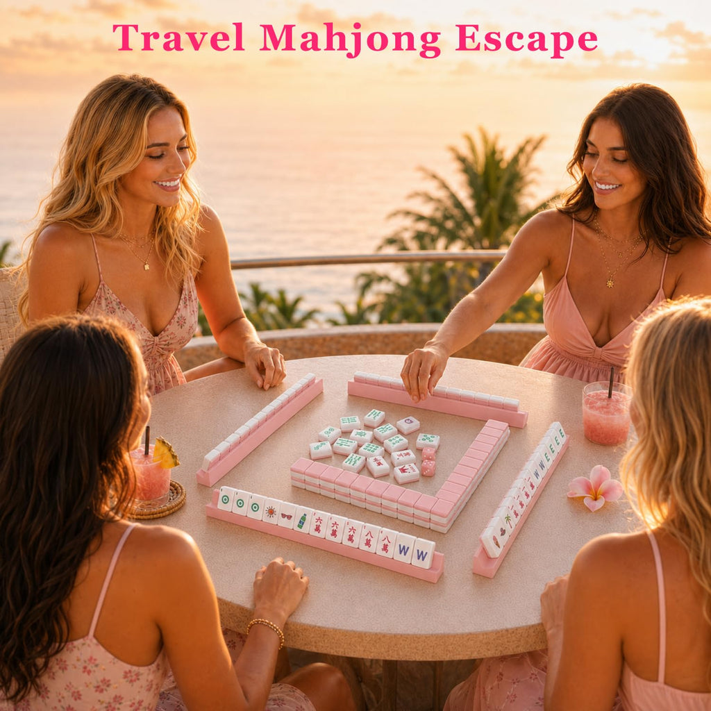 Pink Mini Travel Mahjong Tile Set with Racks and Bag R33629