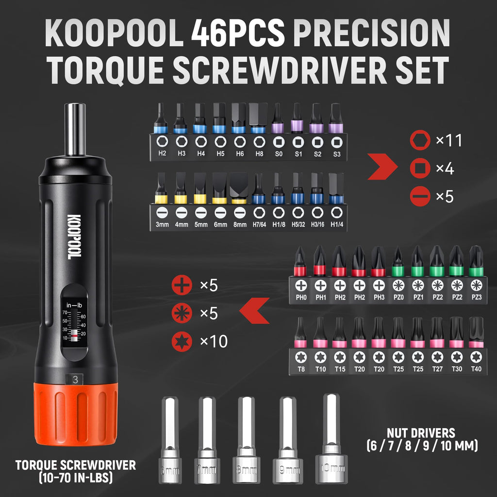 46Pcs Torque Screwdriver Set 1/4" 10-70 in-lb M940762
