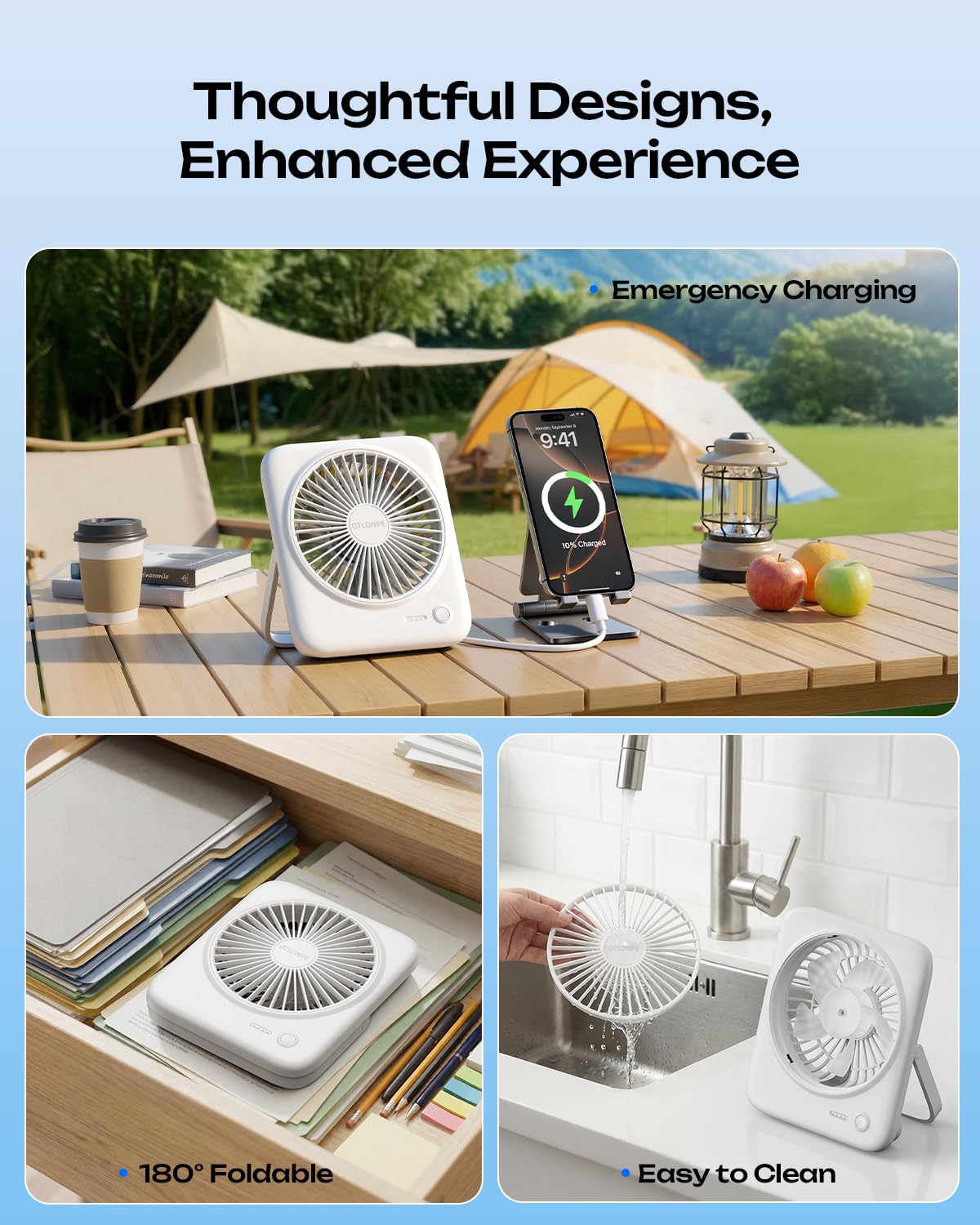 Portable Rechargeable Desk Fan 4000mAh 4-Speed 6.5 Inch White F61267
