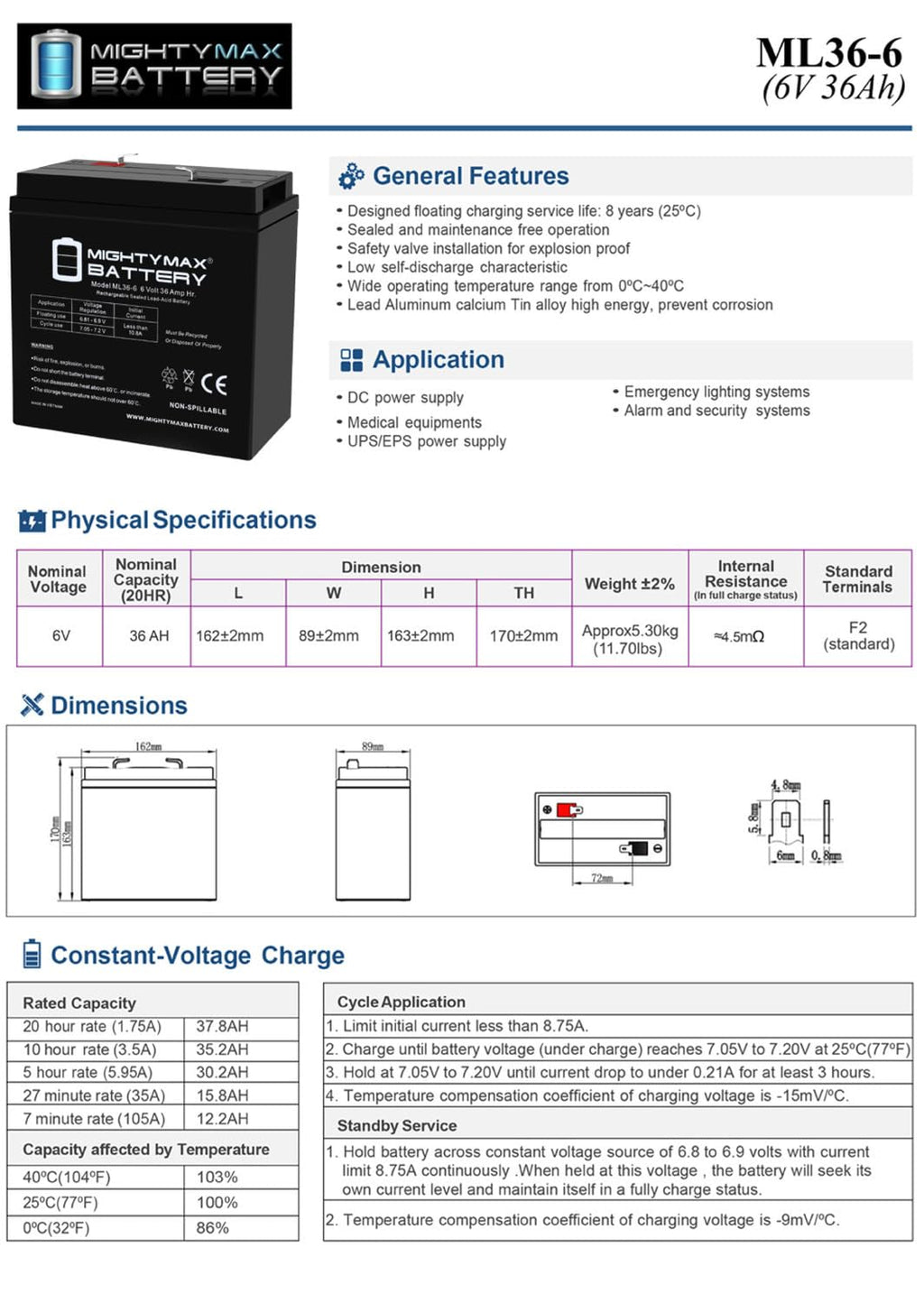6V 36Ah AGM F2 Terminal Battery 4 Pack K8089