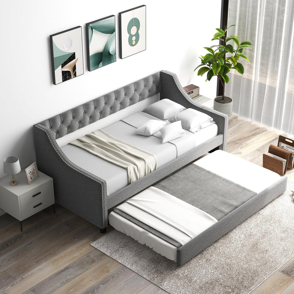 Grey Upholstered Twin Daybed with Trundle H2821