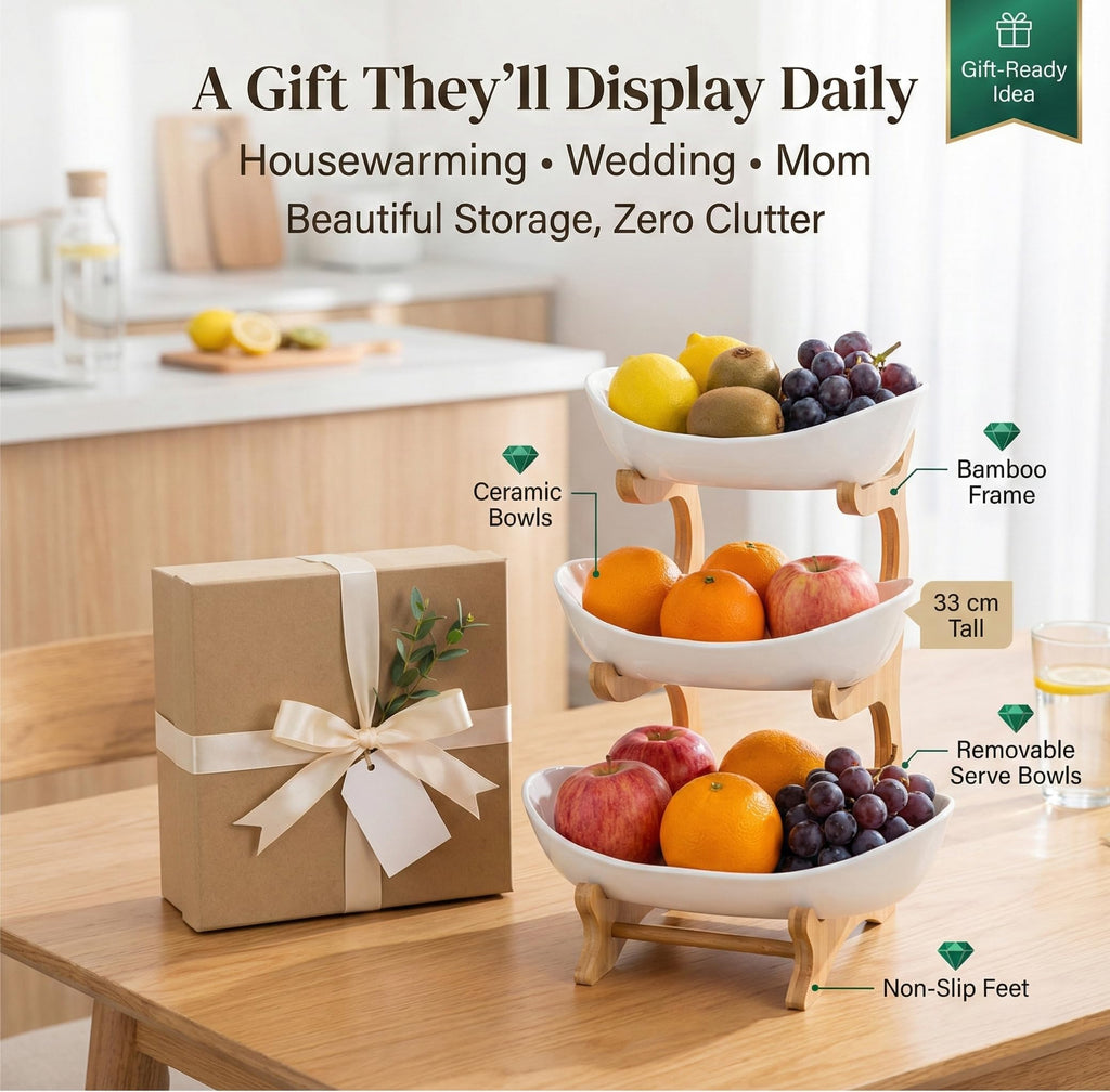 3 Tier Ceramic Fruit Bowls with Wooden Stand B1309
