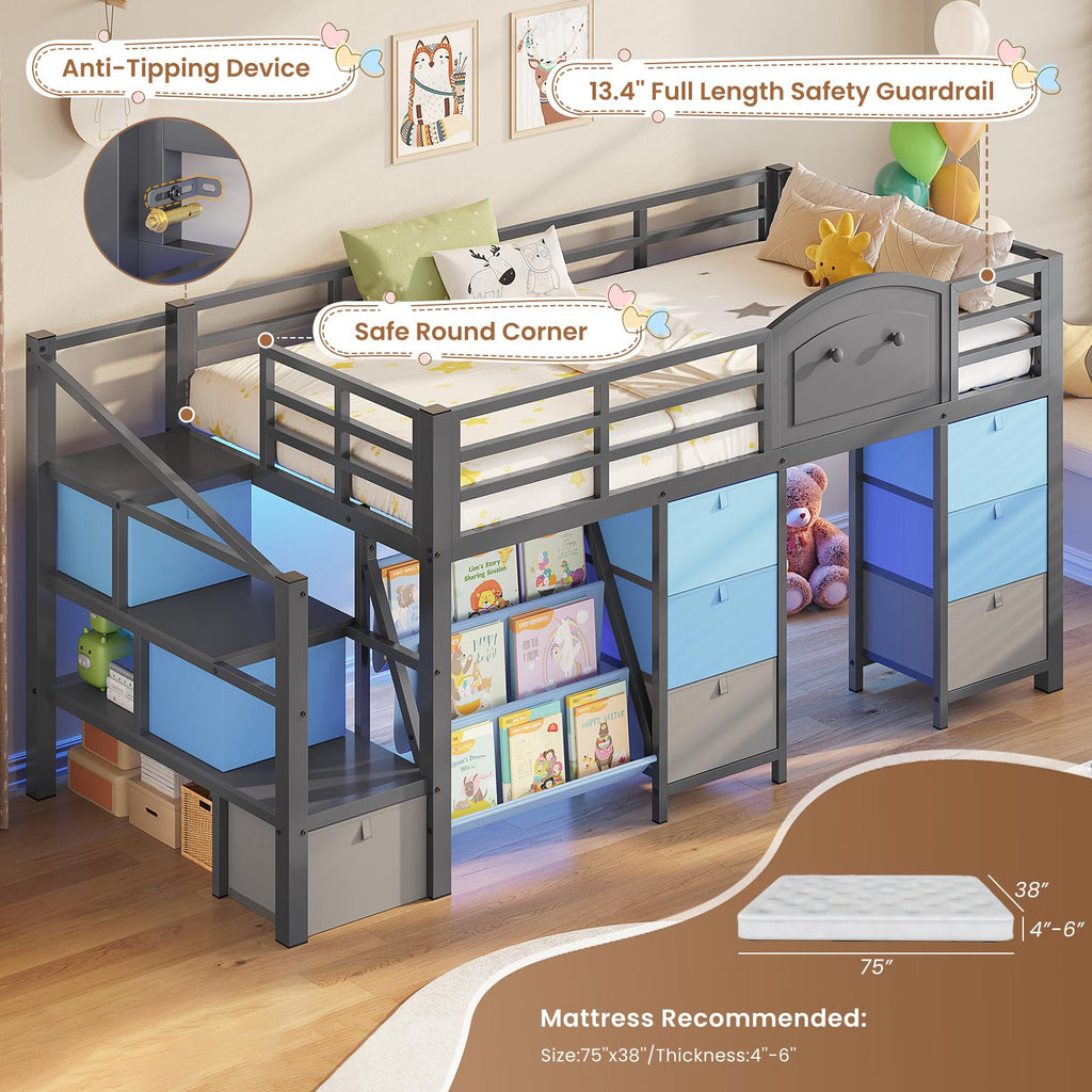 Twin Size Low Loft Bed with 9 Storage Drawers and Staircase A77852