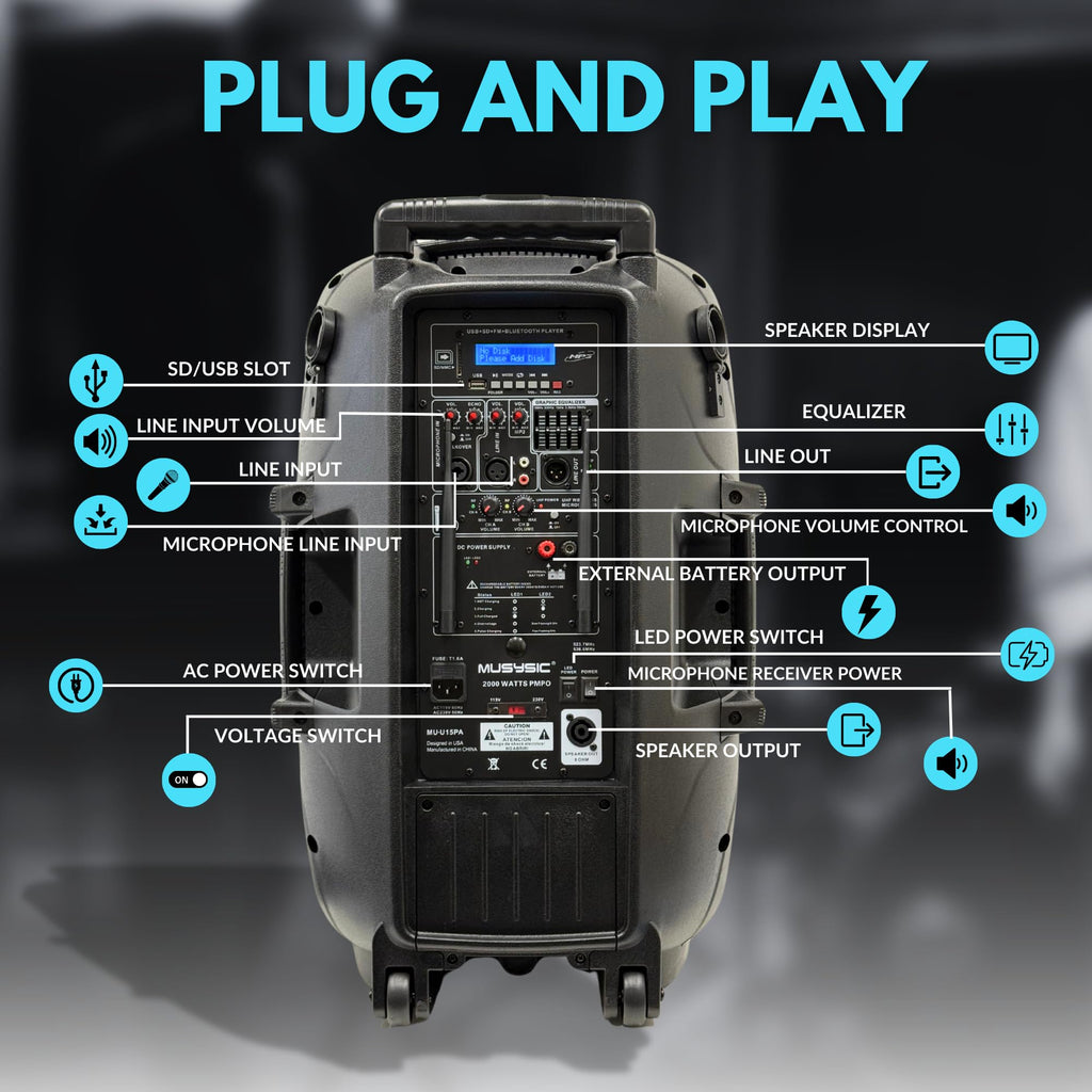 15" 2000W Portable PA Speaker System with Wireless Microphones U856