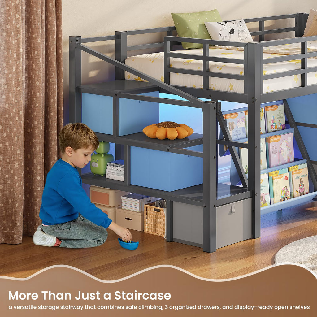 Twin Size Low Loft Bed with 9 Storage Drawers and Staircase A77852
