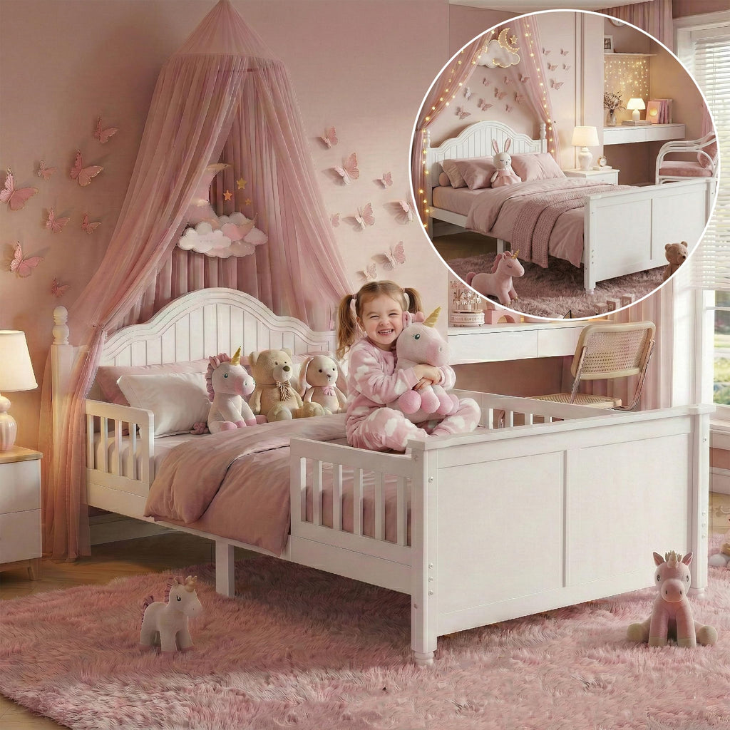 White Twin Bed Frame with Headboard and Rails Q95389