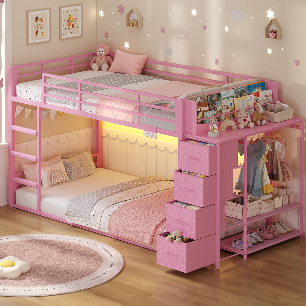 Pink Twin Over Twin Bunk Bed with Bookshelf & Storage Drawer G6053